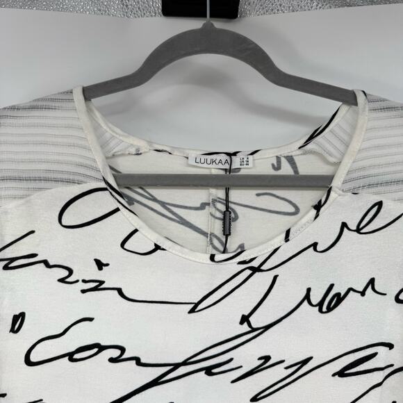Luukaa Script Print Dolman Sleeve Top Women's Size 14 White Striped Shoulder - Picture 3 of 7